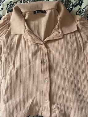Zara Pale Blush Ribbed Button-Down Collared Top